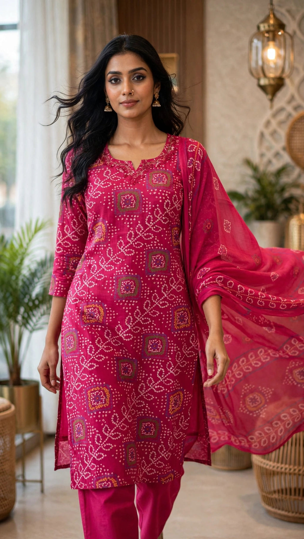Rani Pink Pure Cotton Bandhani Print Kurta Pant Dupatta Set