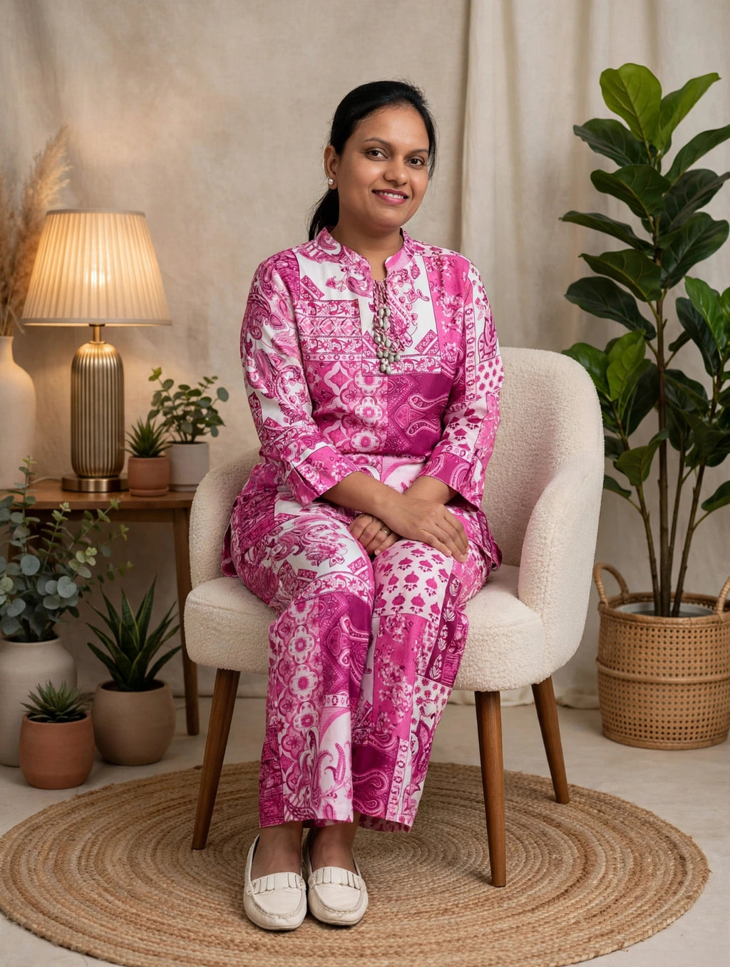 Pink Paisley Print Premium Crepe Co-ord Set – Kurta with Flared Pants (Set of 2)
