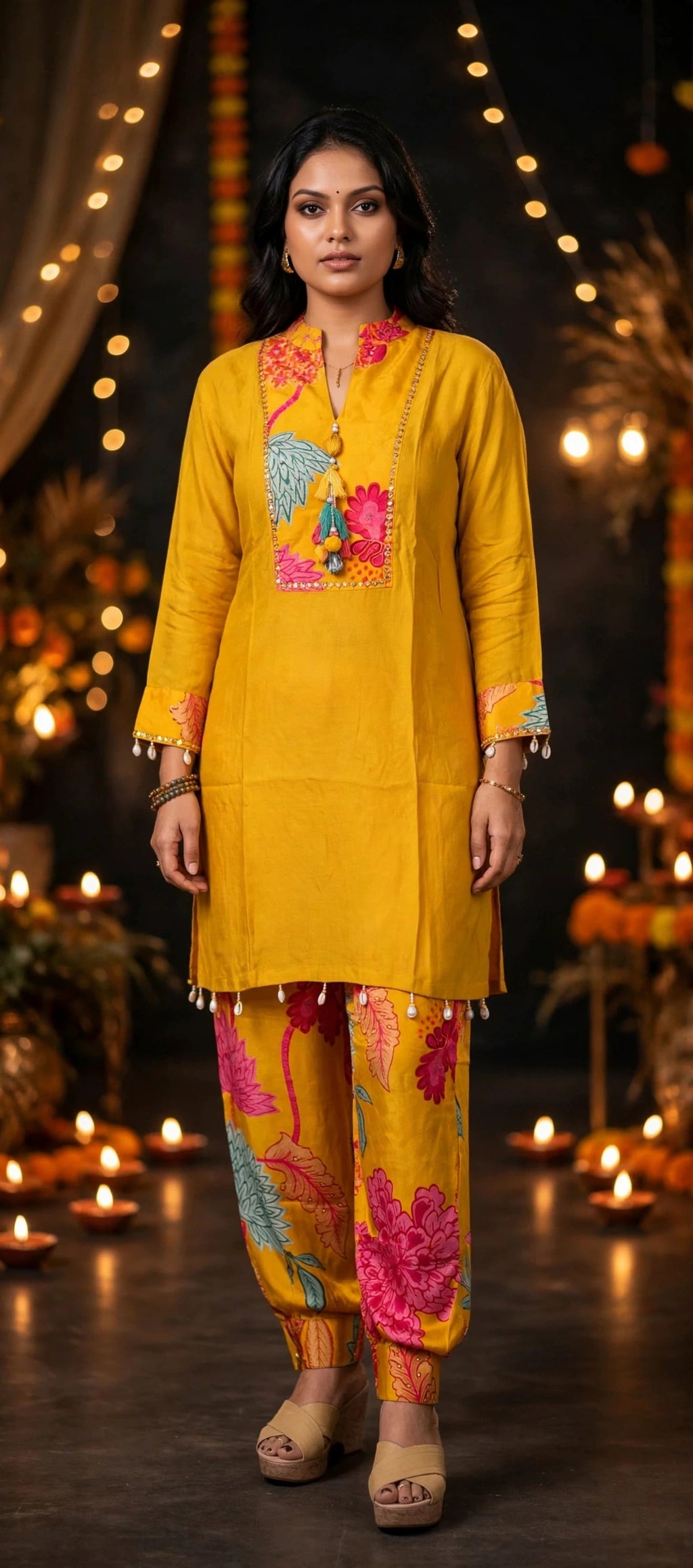 Mustard Yellow Floral Crepe Co-ord Set – Embellished Kurta with Printed Afghani Pants (Set of 2)