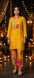 Mustard Yellow Floral Crepe Co-ord Set – Embellished Kurta with Printed Afghani Pants (Set of 2)