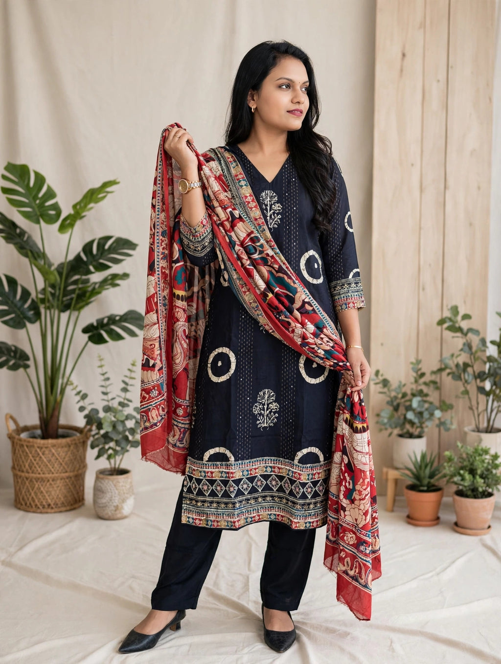 Premium Black Crepe Kurta Pant Dupatta Set with Kalamkari Print and Sequin Detailing