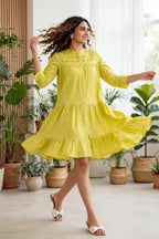 Lime Yellow Premium Cotton Tiered Dress – Lace Insert Yoke with Front Buttons