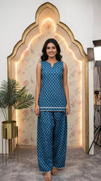 Blue Printed Pure Cotton Co-ord Set – Sleeveless Kurta with Farshi Pants (Set of 2)