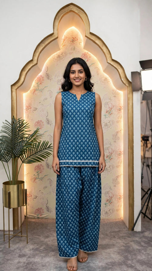 Blue Printed Pure Cotton Co-ord Set – Sleeveless Kurta with Farshi Pants (Set of 2)