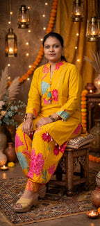 Mustard Yellow Floral Crepe Co-ord Set – Embellished Kurta with Printed Afghani Pants (Set of 2)