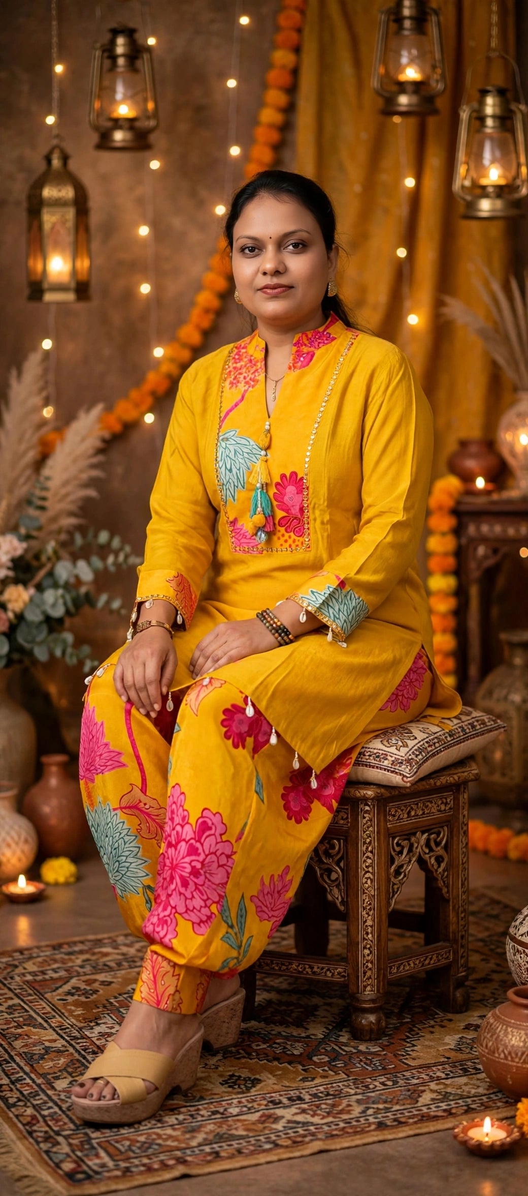 Mustard Yellow Floral Crepe Co-ord Set – Embellished Kurta with Printed Afghani Pants (Set of 2)