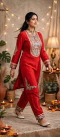 Rust Embroidered Premium Crepe Festive Co-ord Set – Kurta with Embroidered Hem Pants (Set of 2)