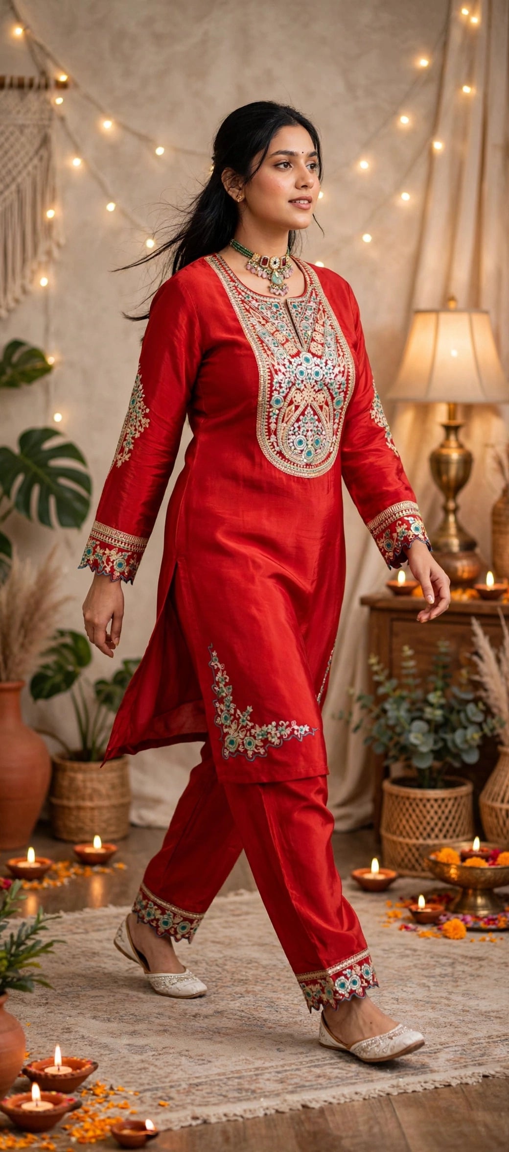 Rust Embroidered Premium Crepe Festive Co-ord Set – Kurta with Embroidered Hem Pants (Set of 2)