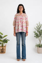 White & Pink Floral Print Premium Cotton Top – Gathered Yoke Tunic with Balloon Sleeves