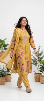 Mustard Yellow Jacquard Silk Kurta Set with Floral Weaving, Embellished Yoke & Organza Dupatta