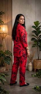 Red & Black Tropical Print Russian Cotton Co-ord Set – Shirt-Style Top with Straight Pants (Set of 2)