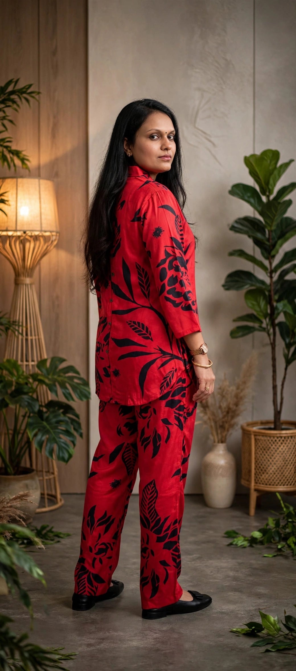 Red & Black Tropical Print Russian Cotton Co-ord Set – Shirt-Style Top with Straight Pants (Set of 2)