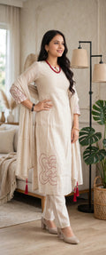 Ivory Chanderi Cotton Kurta Set with Maroon Contour Line Embroidery & Tasselled Dupatta