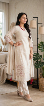 Ivory Chanderi Cotton Kurta Set with Maroon Contour Line Embroidery & Tasselled Dupatta