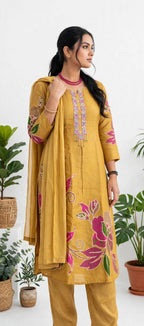 Mustard Yellow Jacquard Silk Kurta Set with Floral Weaving, Embellished Yoke & Organza Dupatta