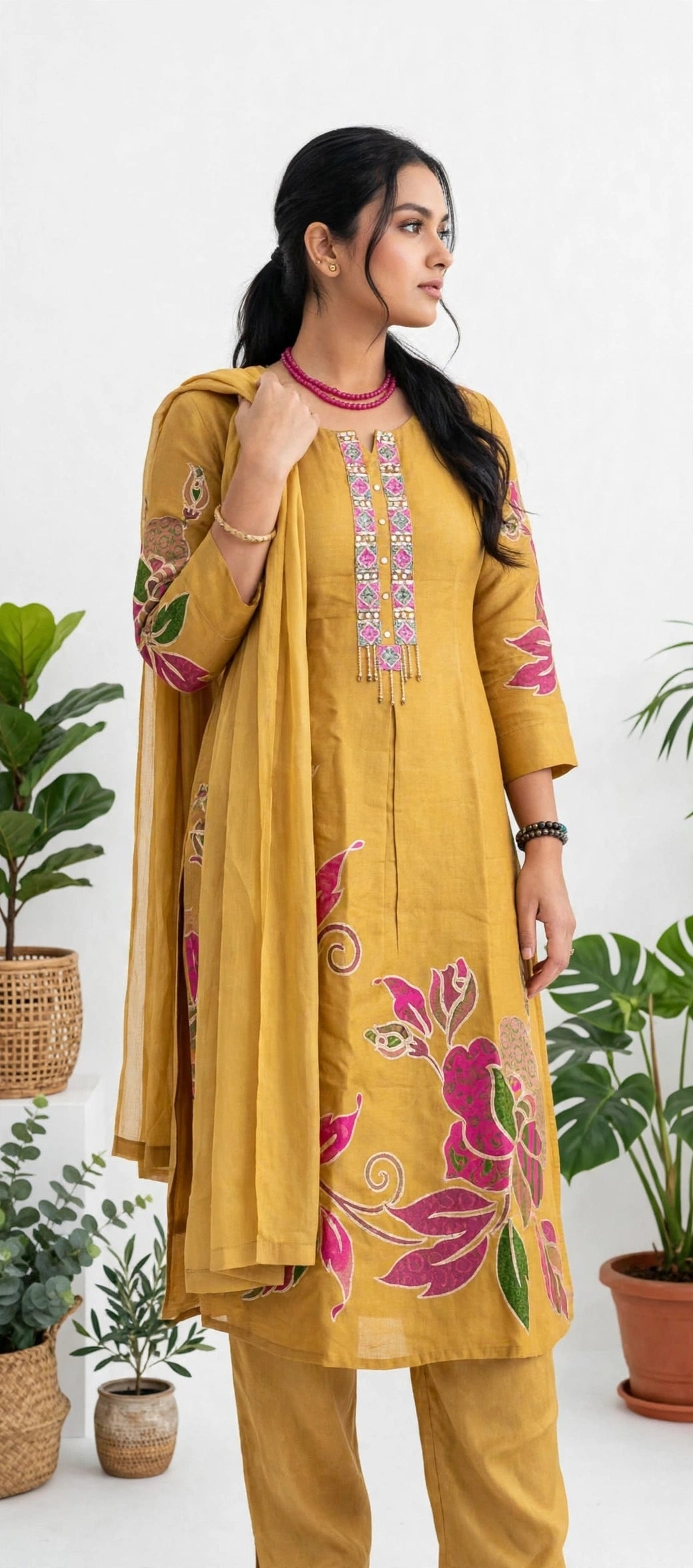 Mustard Yellow Jacquard Silk Kurta Set with Floral Weaving, Embellished Yoke & Organza Dupatta