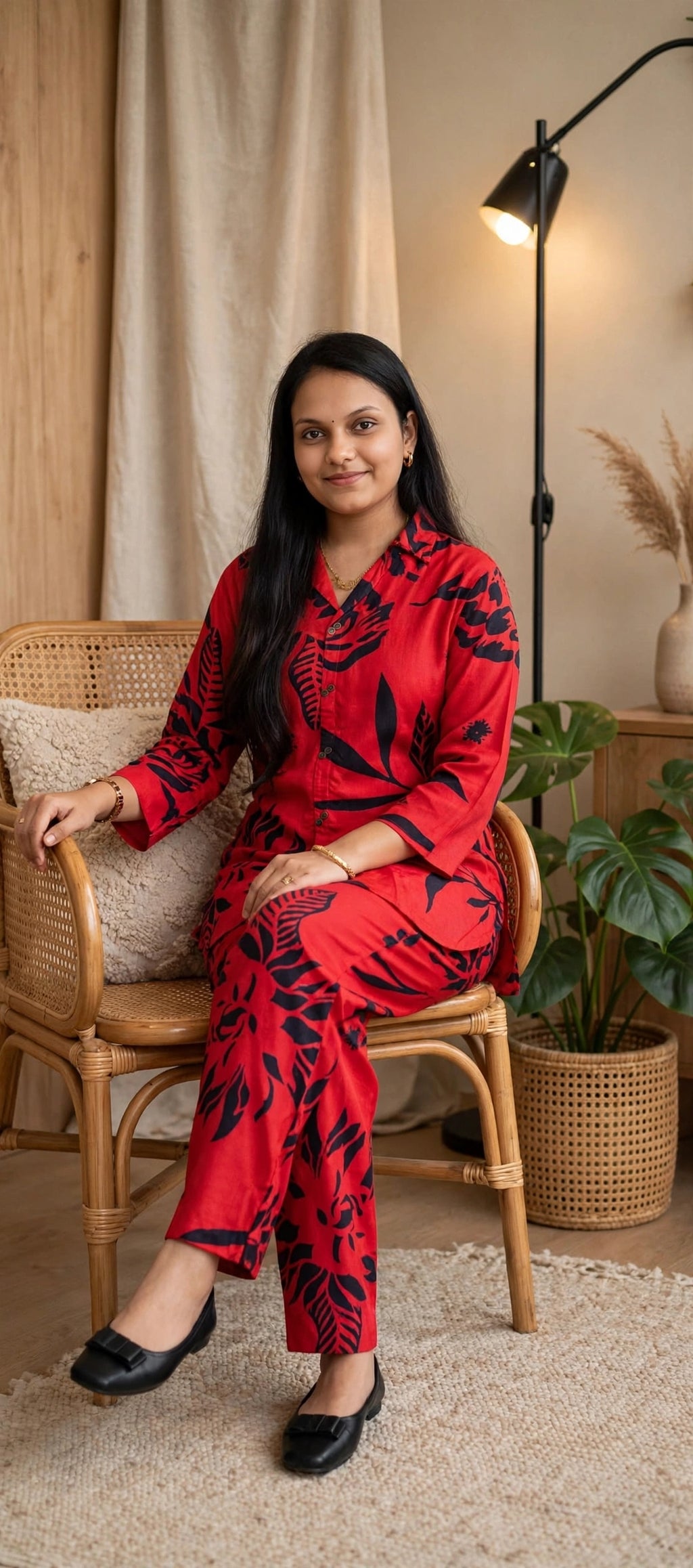 Red & Black Tropical Print Russian Cotton Co-ord Set – Shirt-Style Top with Straight Pants (Set of 2)