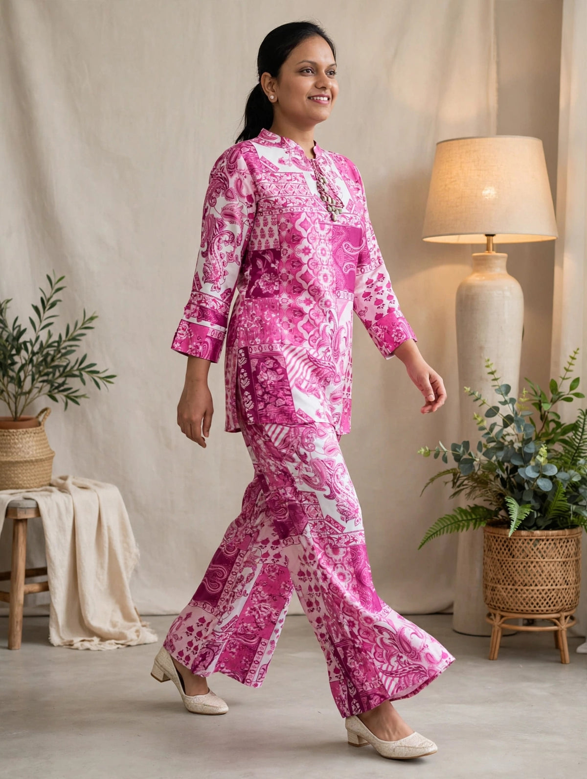 Pink Paisley Print Premium Crepe Co-ord Set – Kurta with Flared Pants (Set of 2)