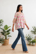 White & Pink Floral Print Premium Cotton Top – Gathered Yoke Tunic with Balloon Sleeves