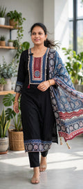 Premium Black Russian Crepe Ajrak Print Kurta Set with Embellished Yoke & Ajrak Dupatta