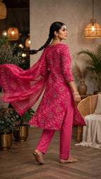 Rani Pink Pure Cotton Bandhani Print Kurta Pant Dupatta Set