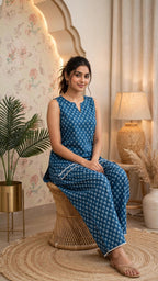 Blue Printed Pure Cotton Co-ord Set – Sleeveless Kurta with Farshi Pants (Set of 2)