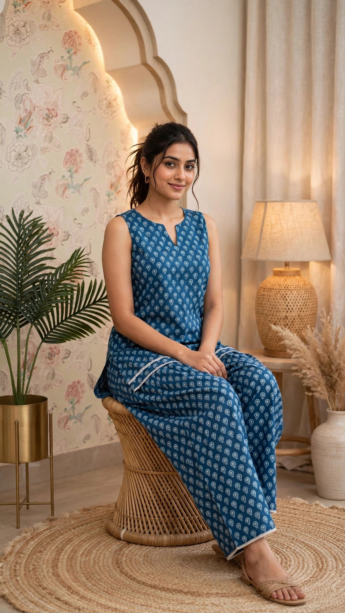 Blue Printed Pure Cotton Co-ord Set – Sleeveless Kurta with Farshi Pants (Set of 2)
