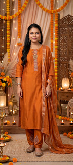 Rust Orange Russian Cotton Kurta Pant Set with Zari Dupatta