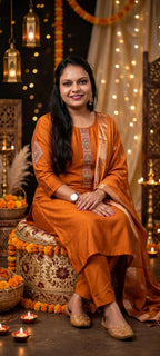 Rust Orange Russian Cotton Kurta Pant Set with Zari Dupatta