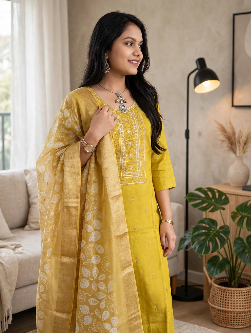 Lime Yellow Russian Silk Embroidered Kurta Set with Inner Lining & Printed Zari Border Dupatta