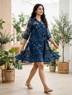 Navy Blue Floral Print Tiered Dress – Embroidered Yoke with Front Buttons