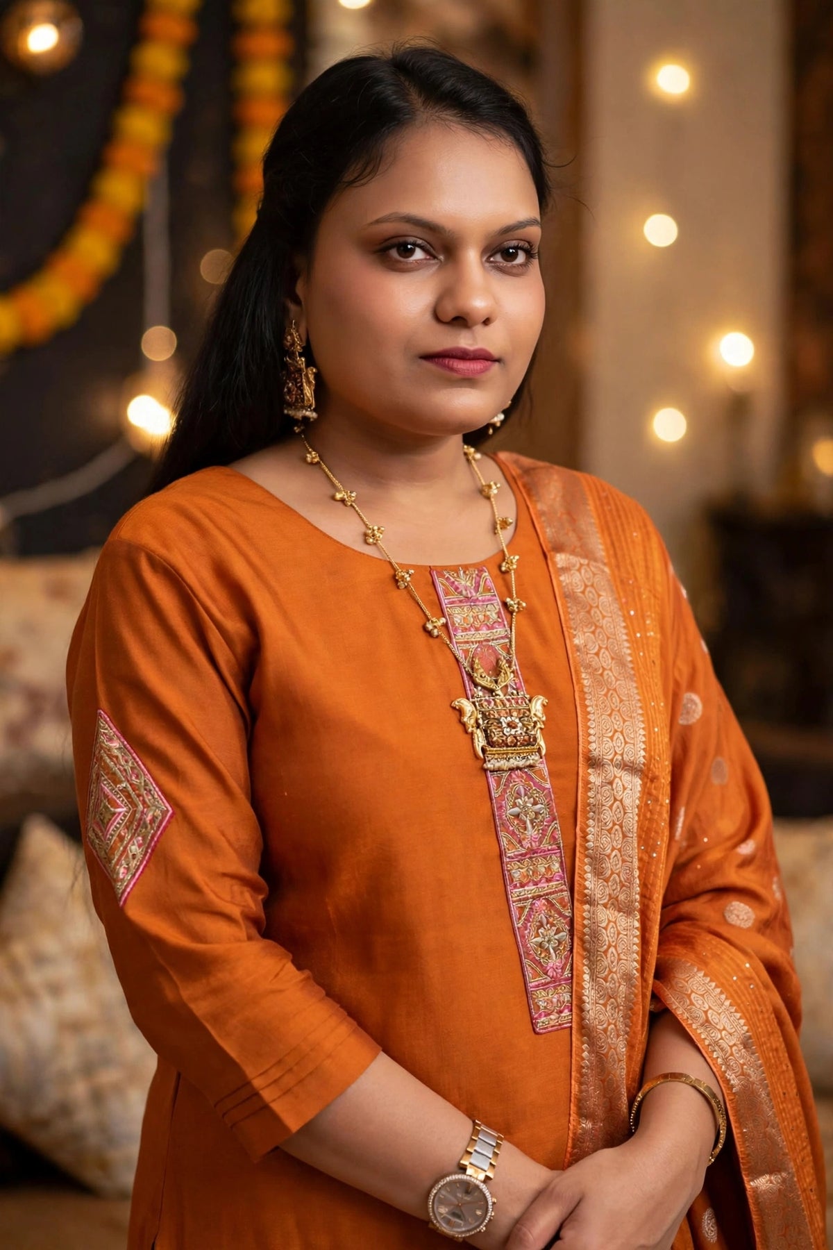 Rust Orange Russian Cotton Kurta Pant Set with Zari Dupatta