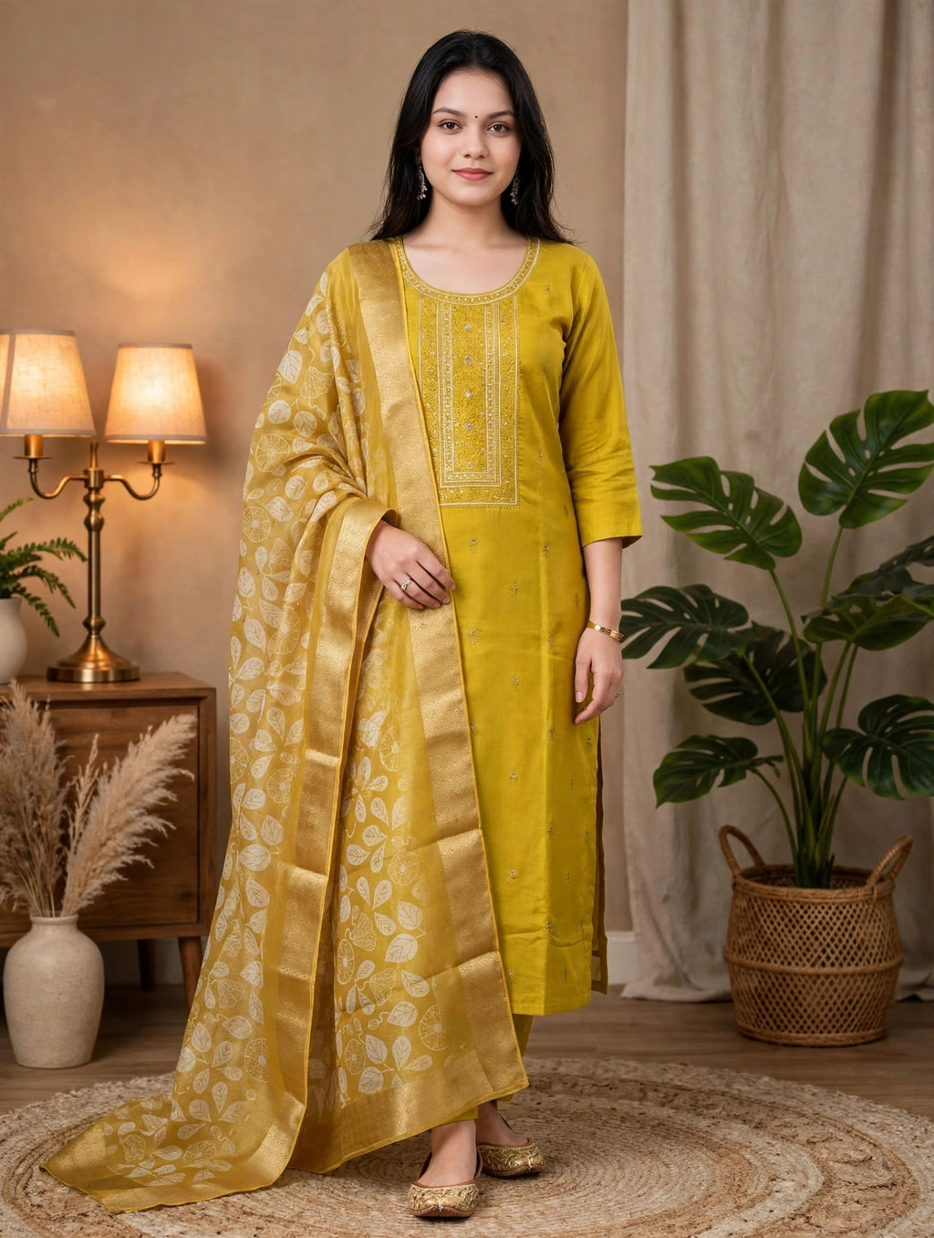 Lime Yellow Russian Silk Embroidered Kurta Set with Inner Lining & Printed Zari Border Dupatta