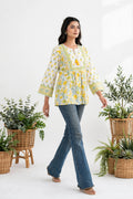 White & Yellow Floral Print Premium Cotton Top – Tassel Tie-Up Tunic with Bell Sleeves