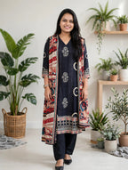 Premium Black Crepe Kurta Pant Dupatta Set with Kalamkari Print and Sequin Detailing