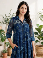 Navy Blue Floral Print Tiered Dress – Embroidered Yoke with Front Buttons