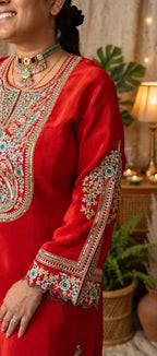 Rust Embroidered Premium Crepe Festive Co-ord Set – Kurta with Embroidered Hem Pants (Set of 2)