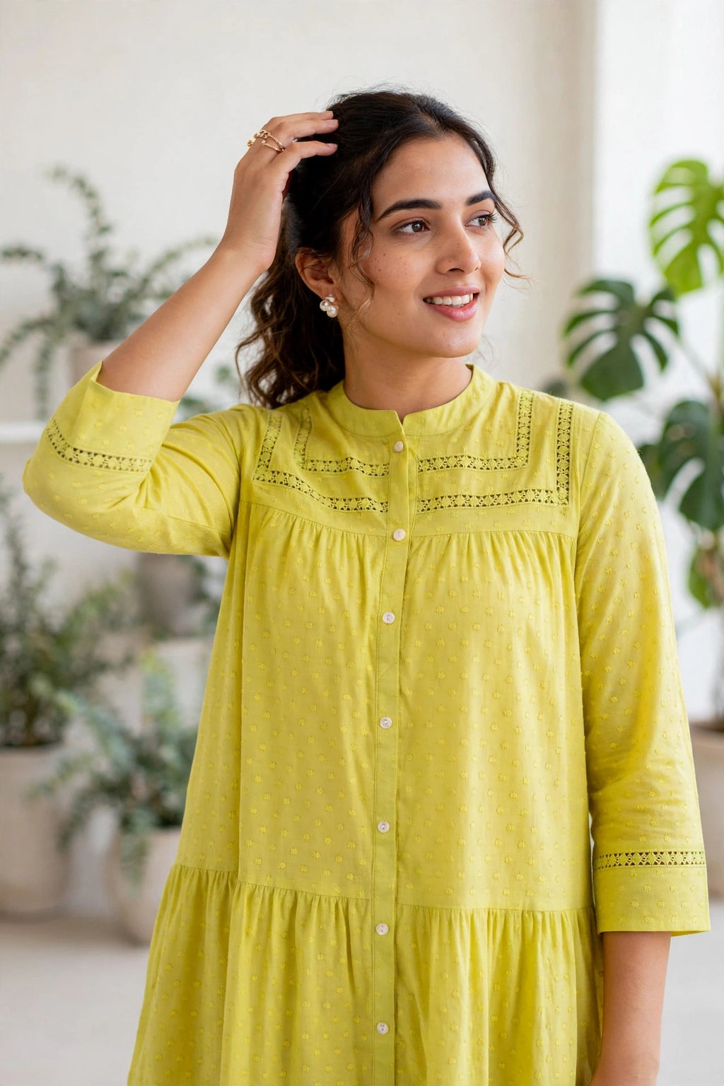Lime Yellow Premium Cotton Tiered Dress – Lace Insert Yoke with Front Buttons