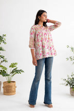 White & Pink Floral Print Premium Cotton Top – Gathered Yoke Tunic with Balloon Sleeves