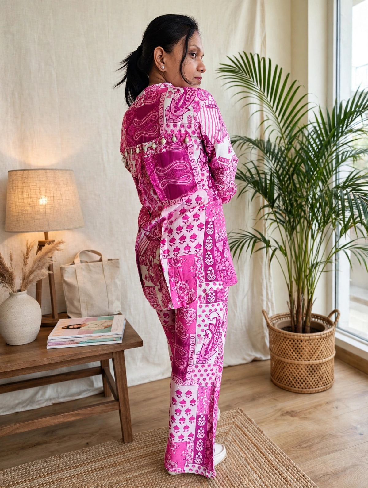 Pink Paisley Print Premium Crepe Co-ord Set – Kurta with Flared Pants (Set of 2)