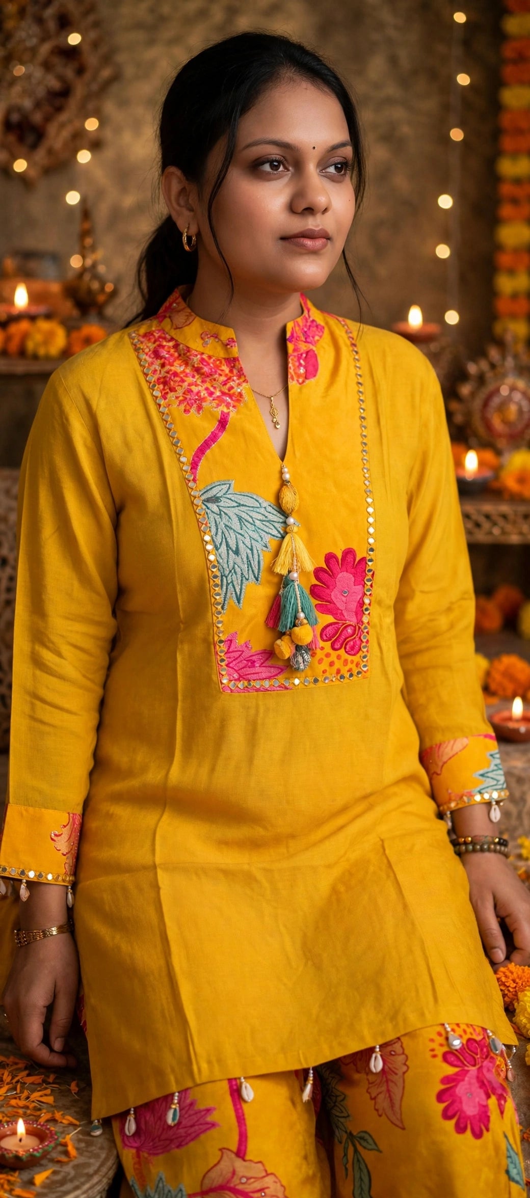 Mustard Yellow Floral Crepe Co-ord Set – Embellished Kurta with Printed Afghani Pants (Set of 2)