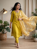 Lime Yellow Russian Silk Embroidered Kurta Set with Inner Lining & Printed Zari Border Dupatta