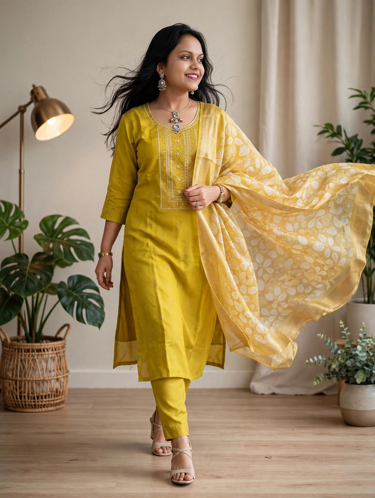 Lime Yellow Russian Silk Embroidered Kurta Set with Inner Lining & Printed Zari Border Dupatta