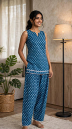 Blue Printed Pure Cotton Co-ord Set – Sleeveless Kurta with Farshi Pants (Set of 2)