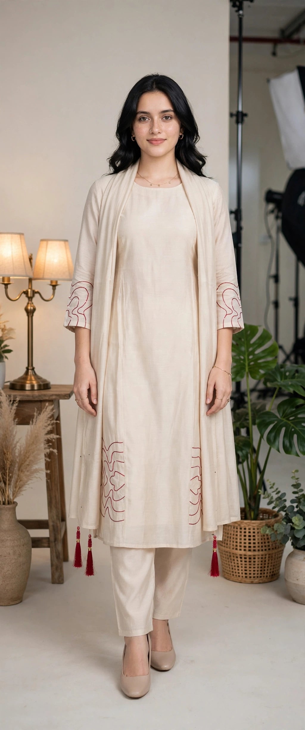 Ivory Chanderi Cotton Kurta Set with Maroon Contour Line Embroidery & Tasselled Dupatta