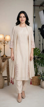 Ivory Chanderi Cotton Kurta Set with Maroon Contour Line Embroidery & Tasselled Dupatta