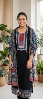 Premium Black Russian Crepe Ajrak Print Kurta Set with Embellished Yoke & Ajrak Dupatta