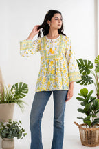 White & Yellow Floral Print Premium Cotton Top – Tassel Tie-Up Tunic with Bell Sleeves