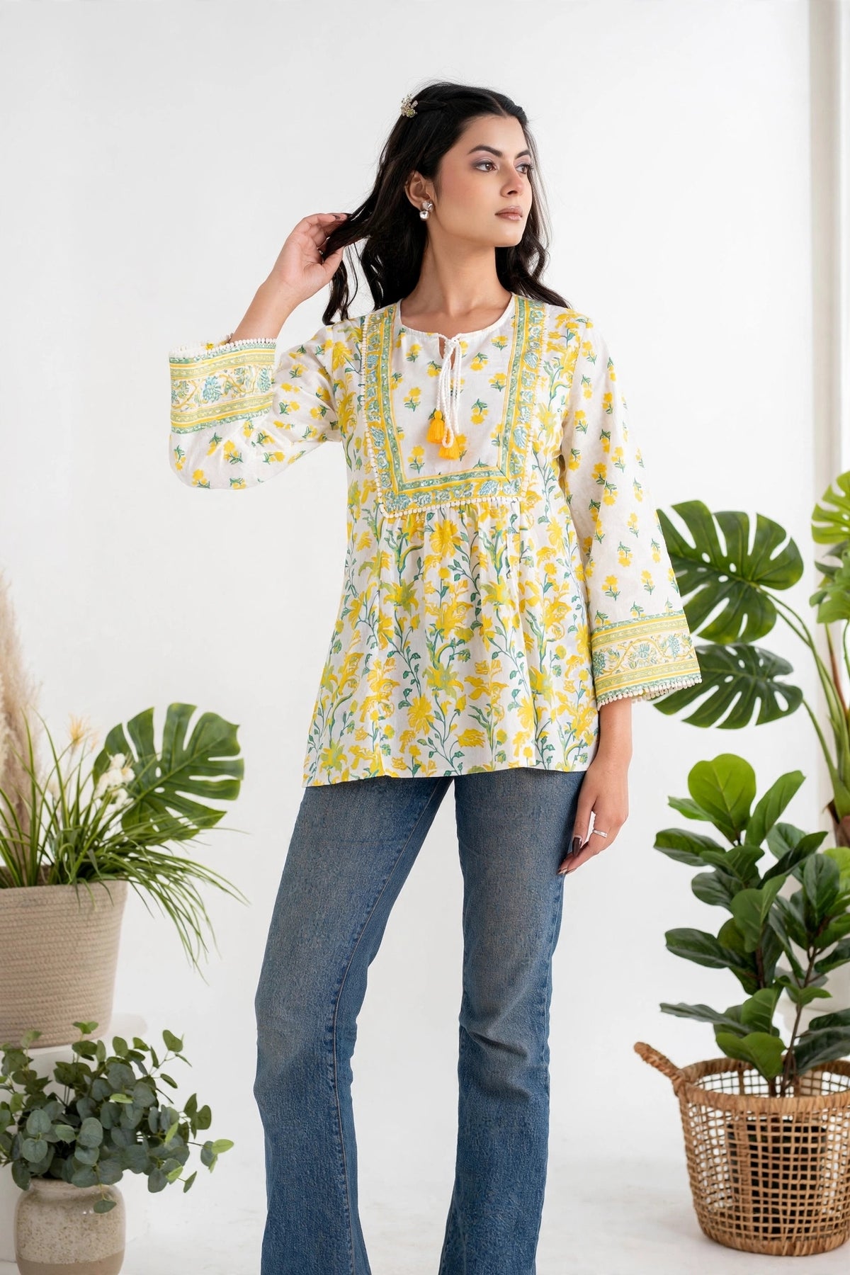 White & Yellow Floral Print Premium Cotton Top – Tassel Tie-Up Tunic with Bell Sleeves