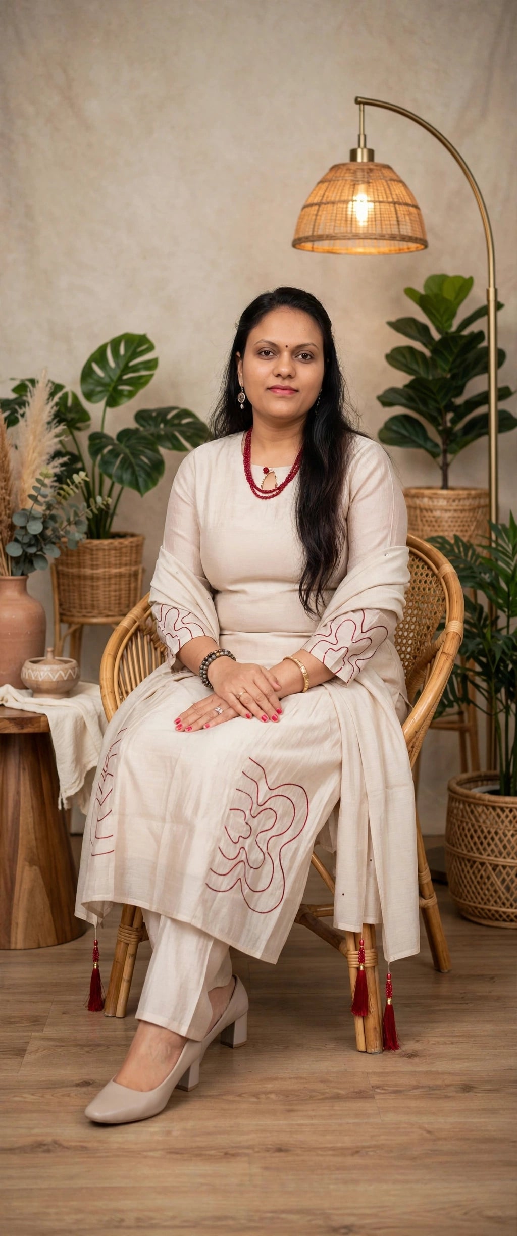 Ivory Chanderi Cotton Kurta Set with Maroon Contour Line Embroidery & Tasselled Dupatta